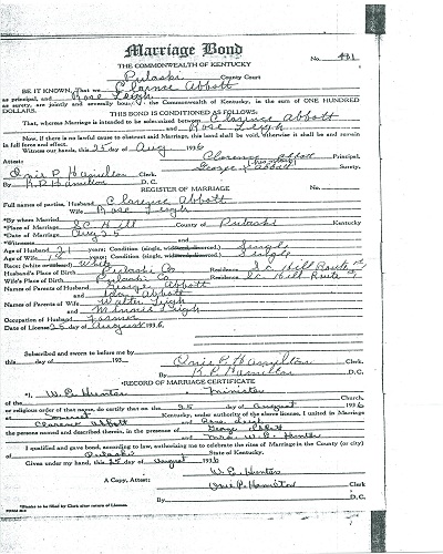 Clarence Abbott marriage certificate