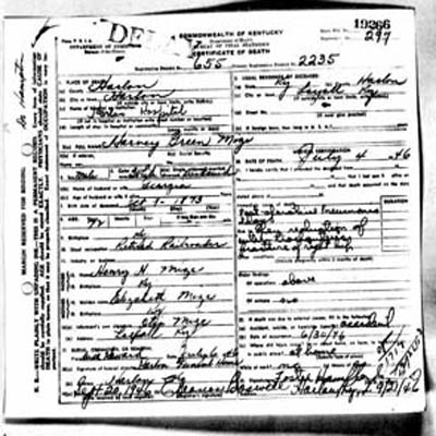 Harvey Green Mize death certificate