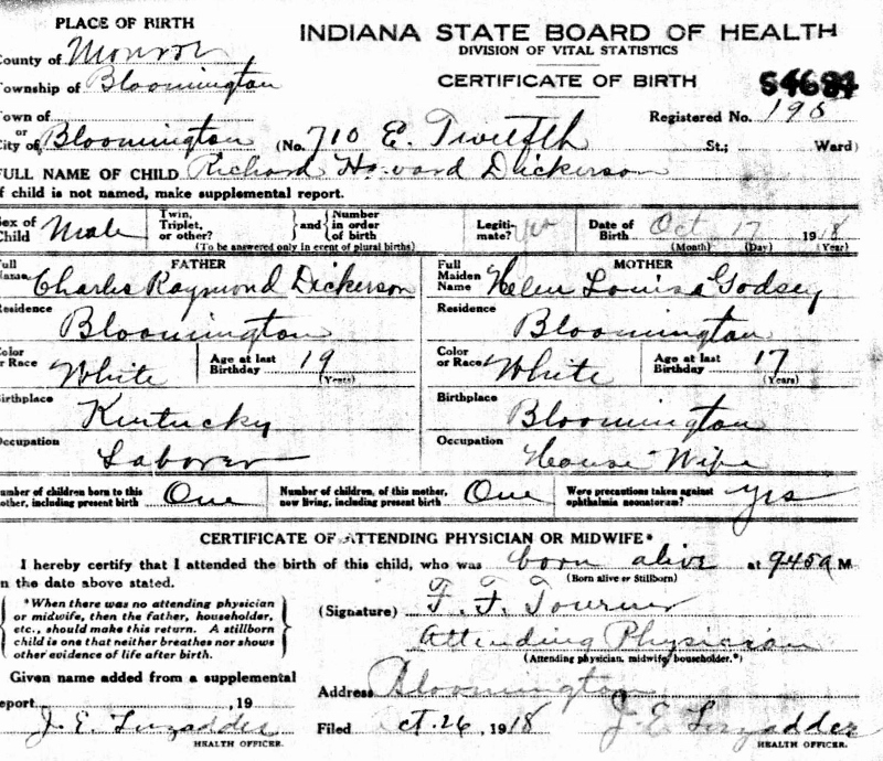 Charles Dickerson birth certificate
