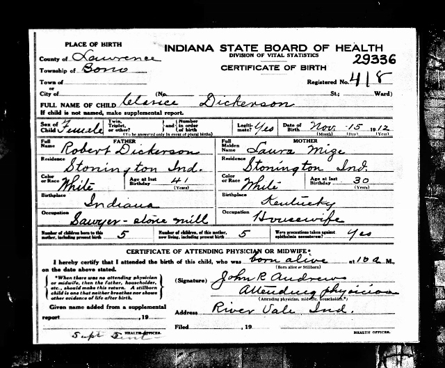 Clarice Dickerson Birth Certificate
