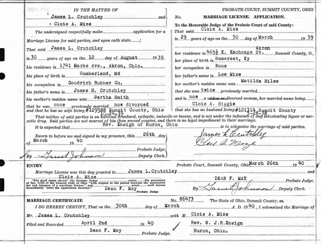 Cloie A. Mize marriage certificate