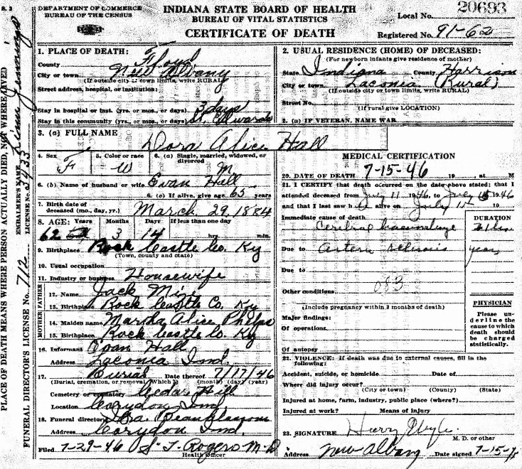 Dora Alice Hall death certificate