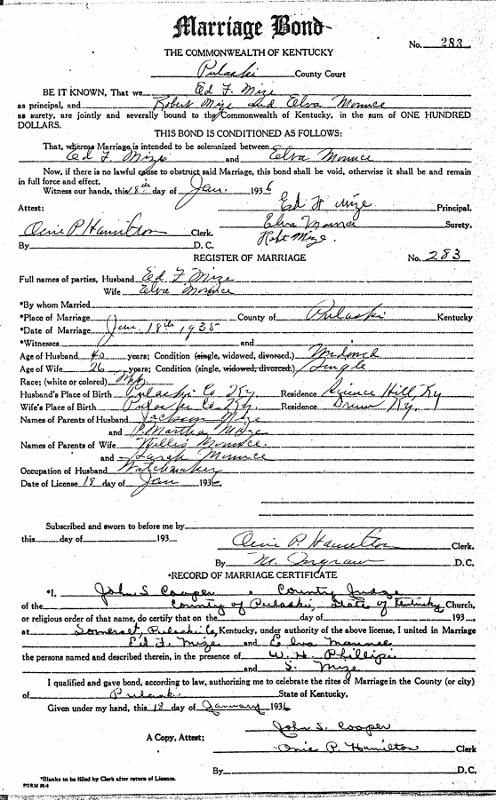 Edd F. Mize and Elva Mounce marriage certificate
