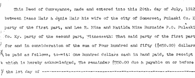Lee Roy Mize land deed