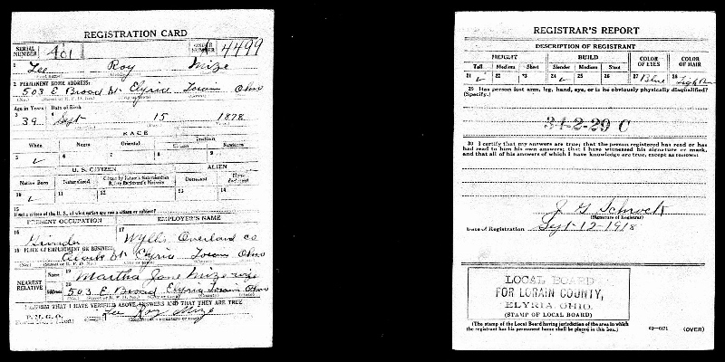Lee Roy Mize draft card