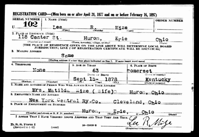 Lee Roy Mize draft card