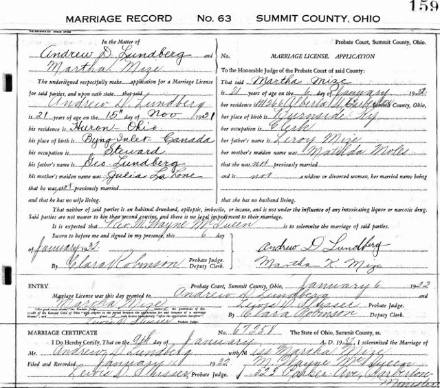 Martha Catherine Mize marriage certificate