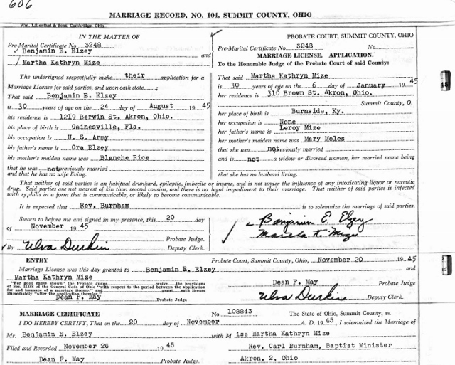 Martha Catherine Mize marriage certificate
