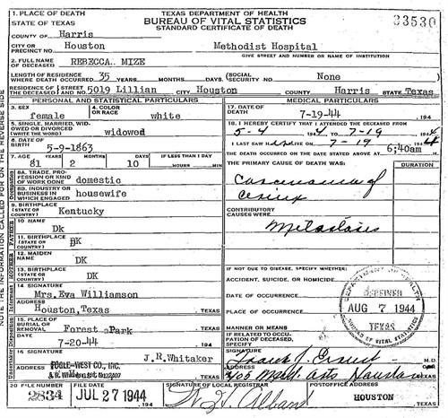 Rebecca Meece death certificate
