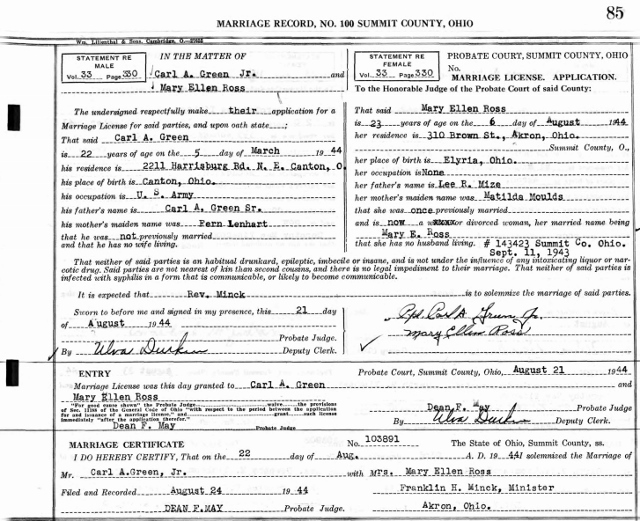 Mary Ellen Mize marriage certificate
