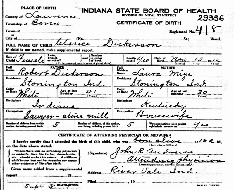 Mildred Dickerson birth certificate